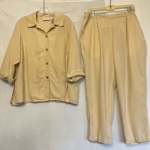 Liz Claiborne 2 Piece Tan Button Down Shirt Pant Set Outfit Tencel Work‎ Sz 18P